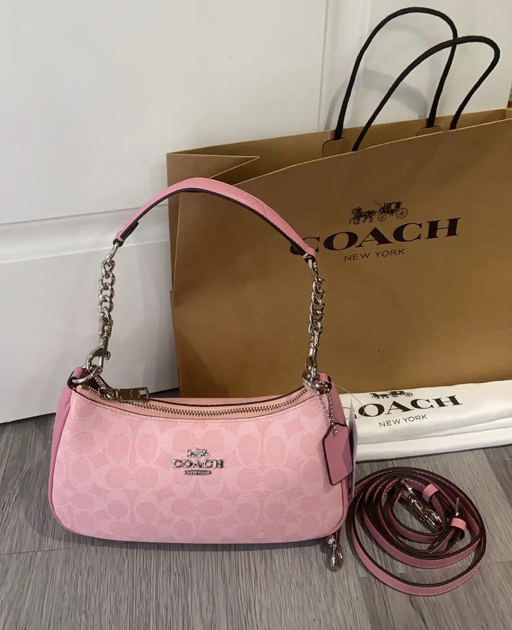 Coach silver chain and logo pink classic floral bag